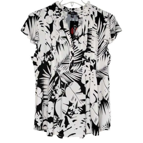 Cocomo Plus Size 3X Black & Ivory Floral Print Pintuck Short Flutter Sleeve Top - Picture 1 of 6